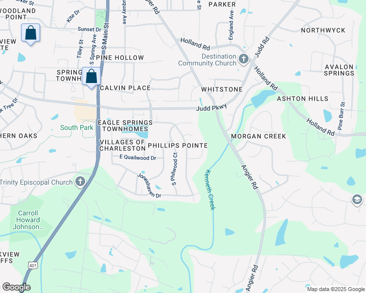 map of restaurants, bars, coffee shops, grocery stores, and more near 1008 South Willhaven Drive in Fuquay Varina