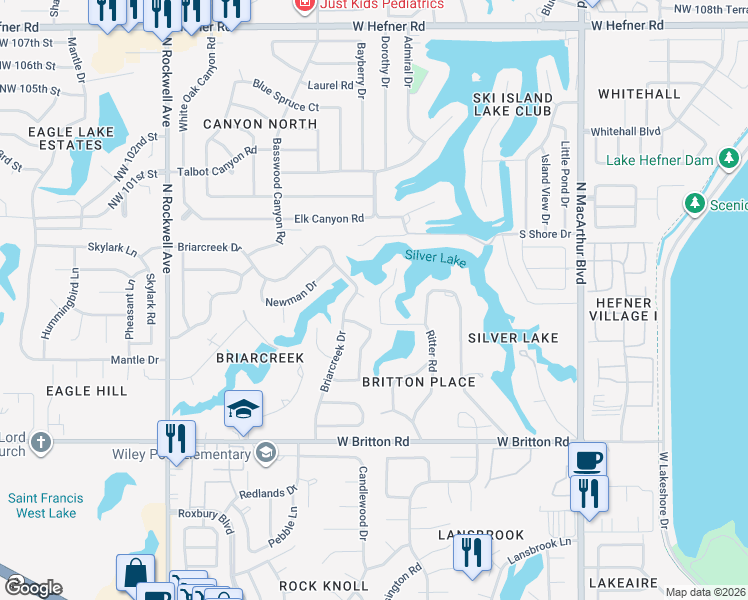 map of restaurants, bars, coffee shops, grocery stores, and more near 9905 Harbor Drive in Oklahoma City