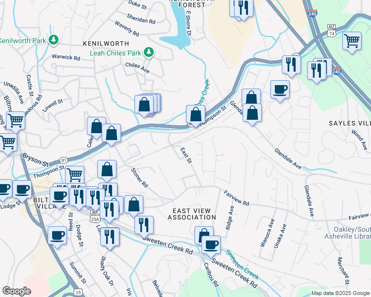 map of restaurants, bars, coffee shops, grocery stores, and more near 34 Winding Road in Asheville