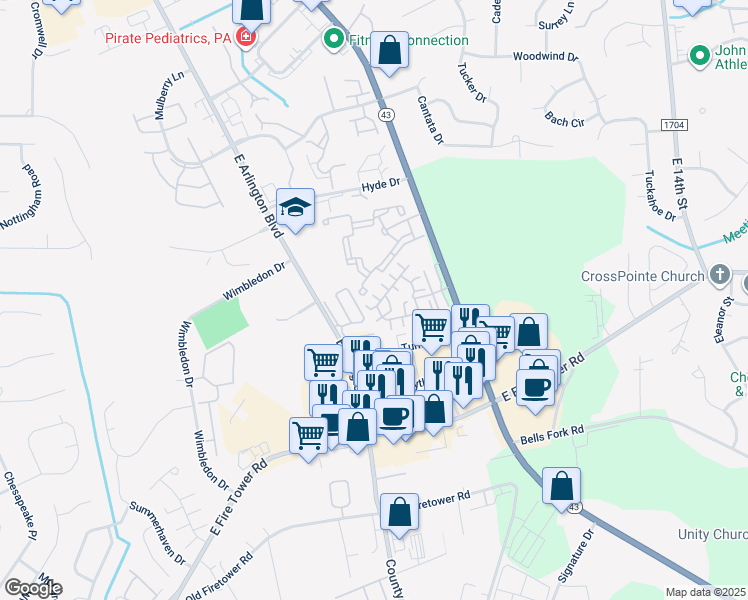 map of restaurants, bars, coffee shops, grocery stores, and more near 1934 Tara Court in Greenville