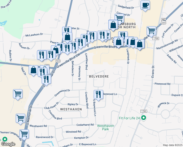 map of restaurants, bars, coffee shops, grocery stores, and more near 213 Crestline Boulevard in Greenville