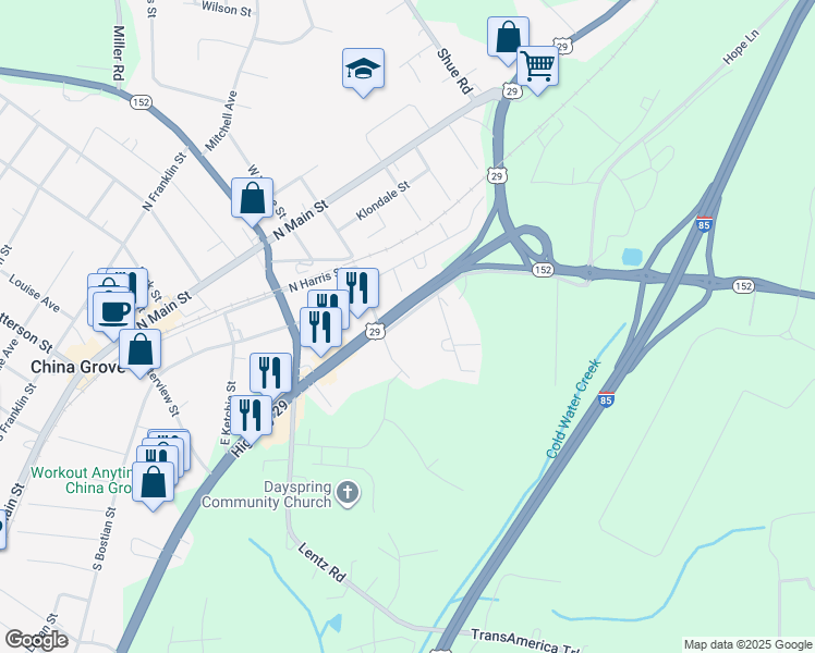 map of restaurants, bars, coffee shops, grocery stores, and more near 811 U.S. 29 in China Grove