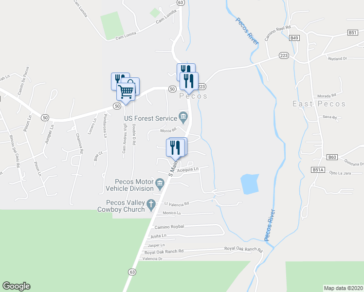 map of restaurants, bars, coffee shops, grocery stores, and more near 24 South Main Street in Pecos