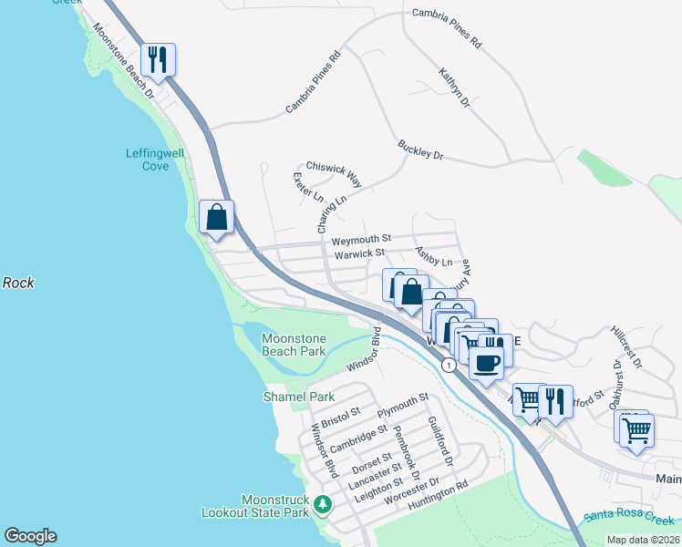 map of restaurants, bars, coffee shops, grocery stores, and more near 434 Wellington Street in Cambria