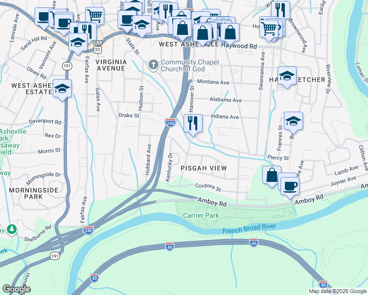 map of restaurants, bars, coffee shops, grocery stores, and more near 202 State Street in Asheville