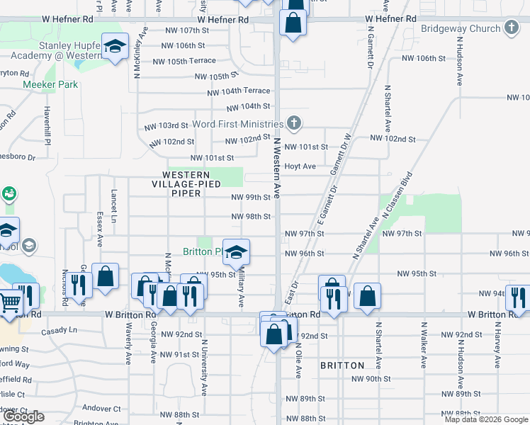 map of restaurants, bars, coffee shops, grocery stores, and more near 9913 North Western Avenue in Oklahoma City