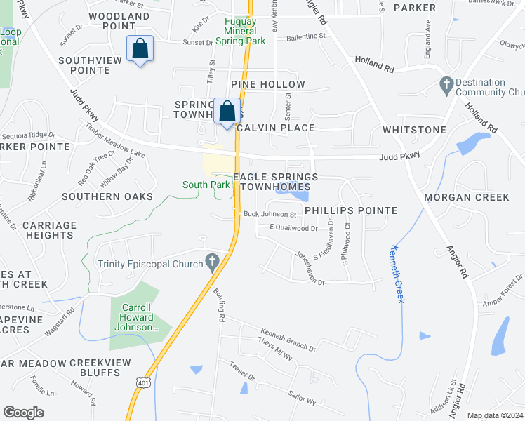 map of restaurants, bars, coffee shops, grocery stores, and more near 801 New Charleston Drive in Fuquay Varina