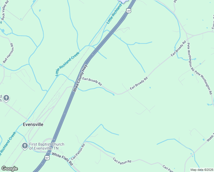 map of restaurants, bars, coffee shops, grocery stores, and more near 375 Earl Broady Road in Evensville