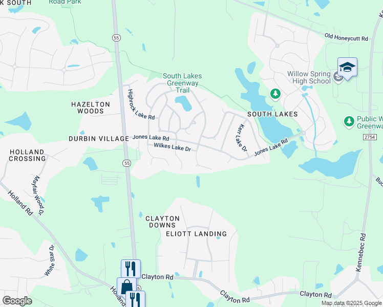 map of restaurants, bars, coffee shops, grocery stores, and more near 2953 Wilkes Lake Drive in Fuquay-Varina