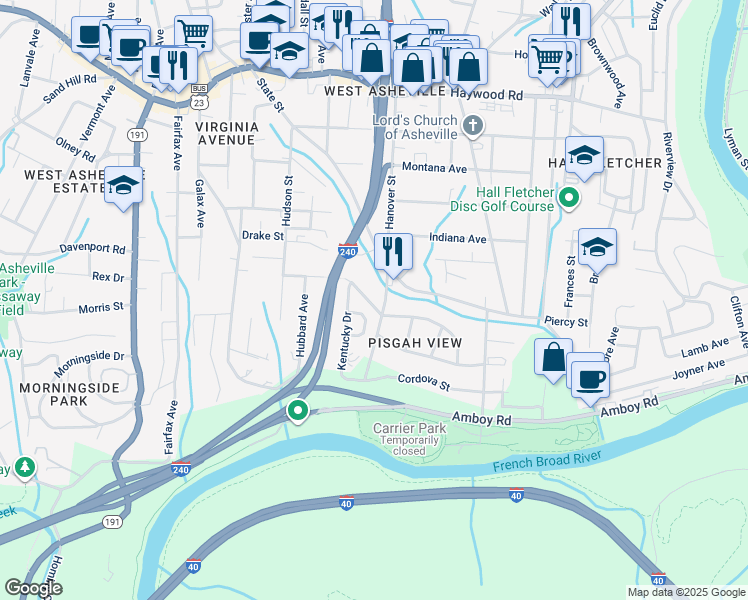 map of restaurants, bars, coffee shops, grocery stores, and more near 202 State Street in Asheville