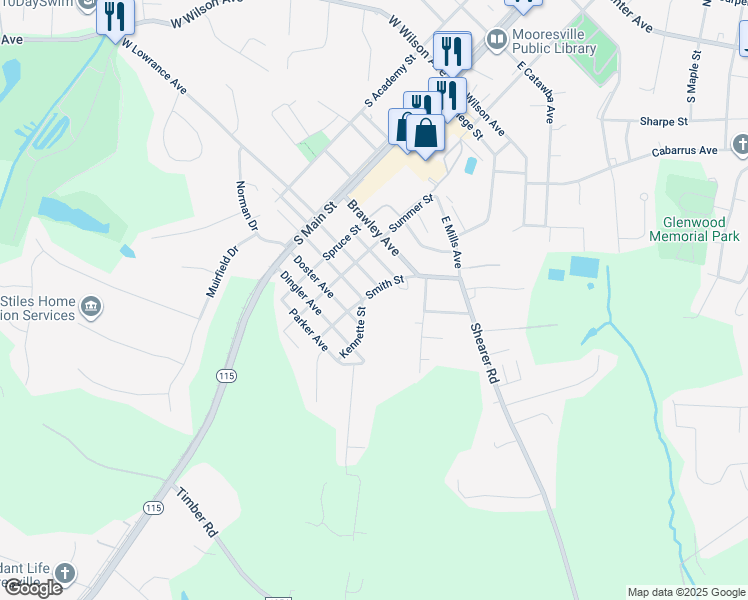 map of restaurants, bars, coffee shops, grocery stores, and more near 710 Smith Street in Mooresville