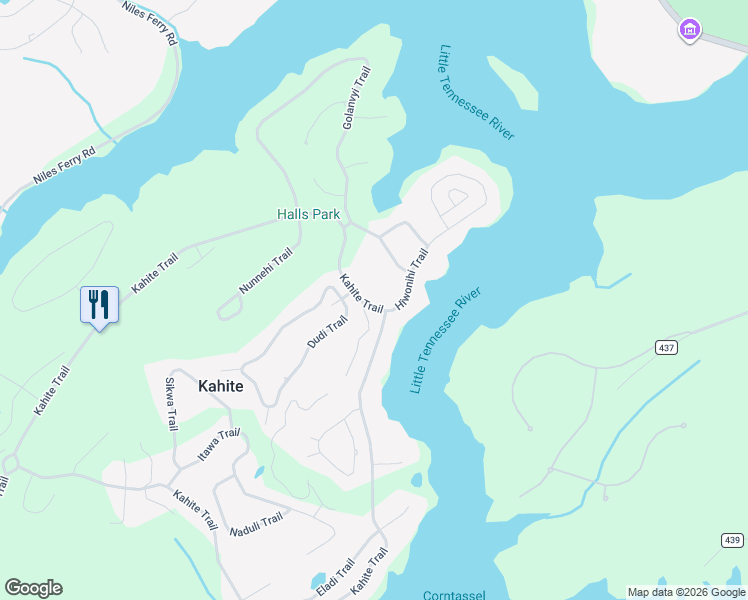 map of restaurants, bars, coffee shops, grocery stores, and more near 827 Kahite Trail in Vonore