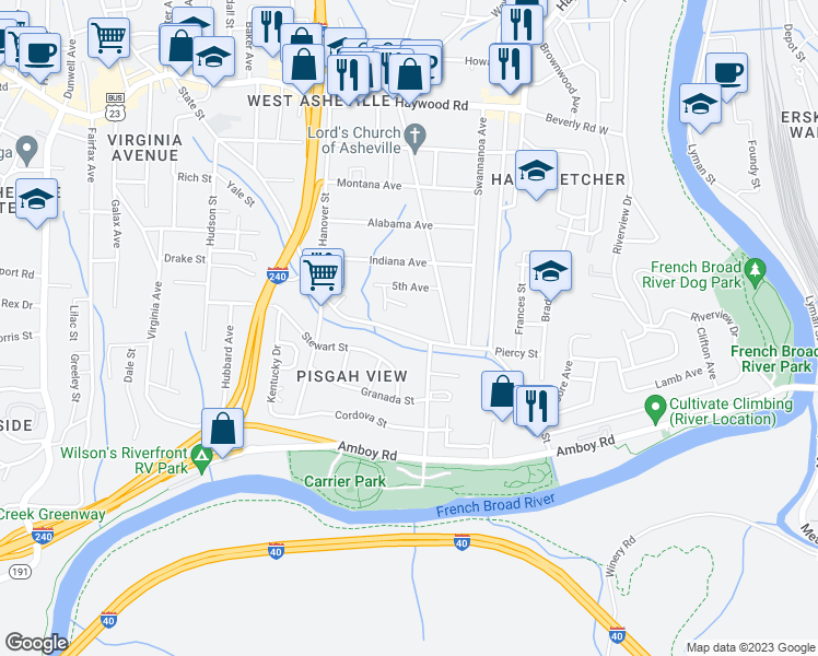 map of restaurants, bars, coffee shops, grocery stores, and more near 346 State Street in Asheville