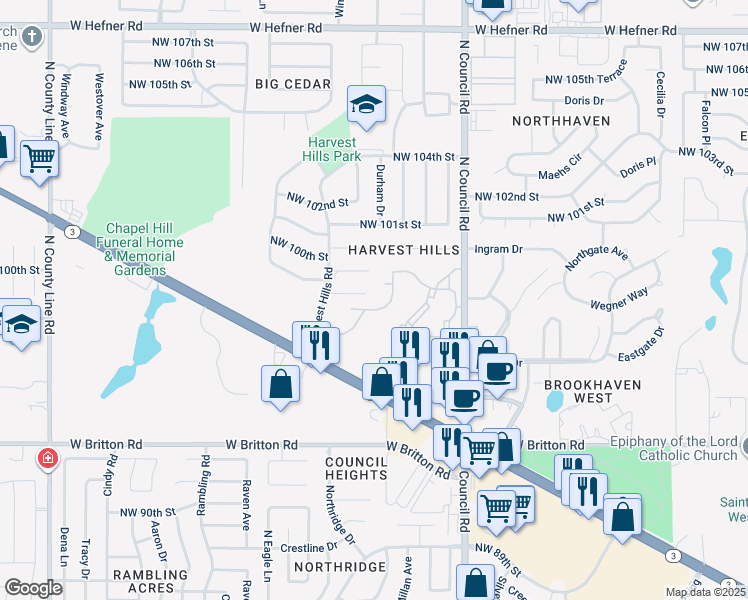 map of restaurants, bars, coffee shops, grocery stores, and more near 8204 Northwest 98th Street in Oklahoma City