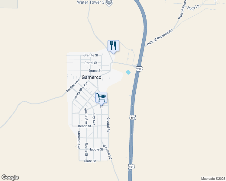 map of restaurants, bars, coffee shops, grocery stores, and more near 609 Crystal Road in Gallup