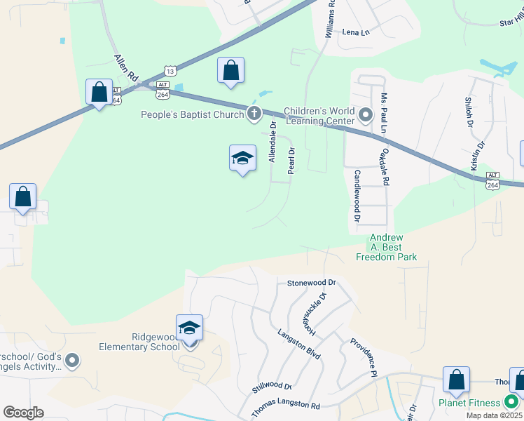 map of restaurants, bars, coffee shops, grocery stores, and more near 225 Allendale Drive in Greenville