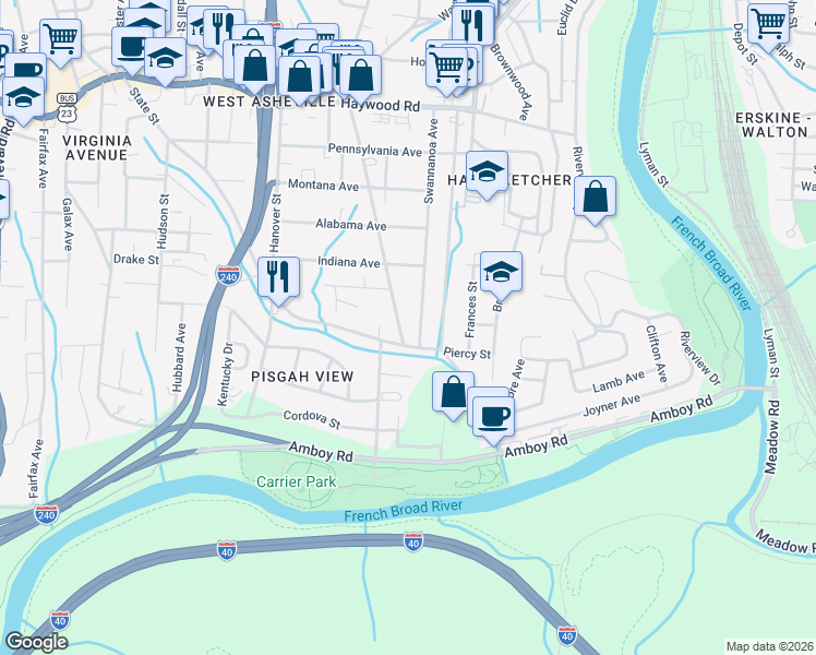 map of restaurants, bars, coffee shops, grocery stores, and more near 203 Michigan Avenue in Asheville