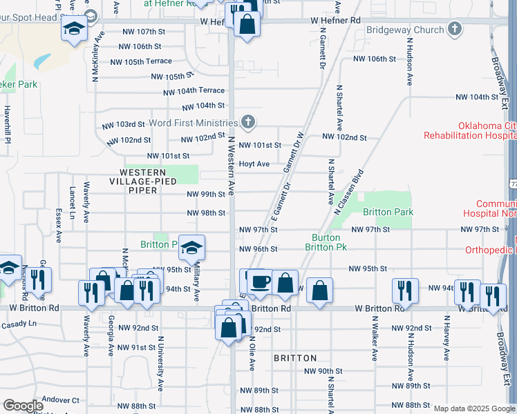 map of restaurants, bars, coffee shops, grocery stores, and more near 1001 Northwest 98th Street in Oklahoma City