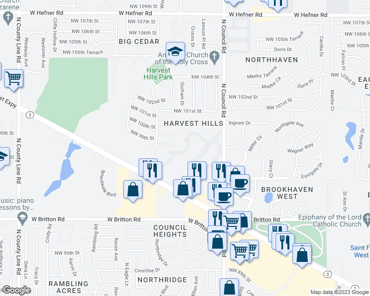 map of restaurants, bars, coffee shops, grocery stores, and more near 9777 North Council Road in Oklahoma City