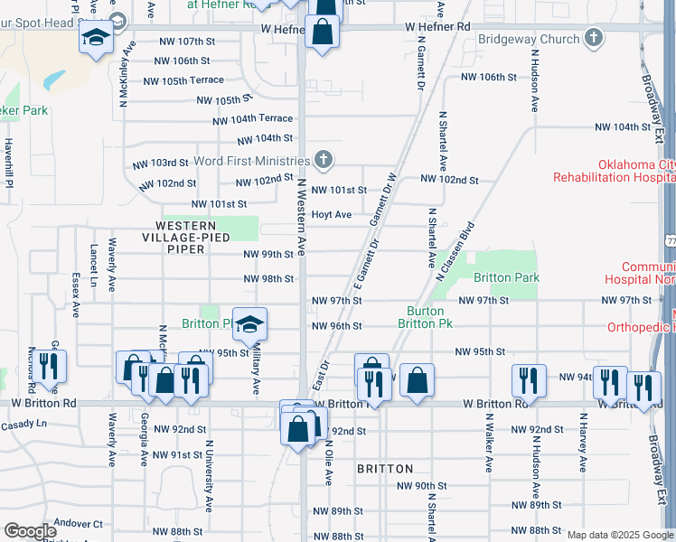 map of restaurants, bars, coffee shops, grocery stores, and more near 1001 Northwest 98th Street in Oklahoma City