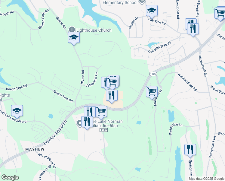 map of restaurants, bars, coffee shops, grocery stores, and more near 1088 Brawley School Road in Mooresville
