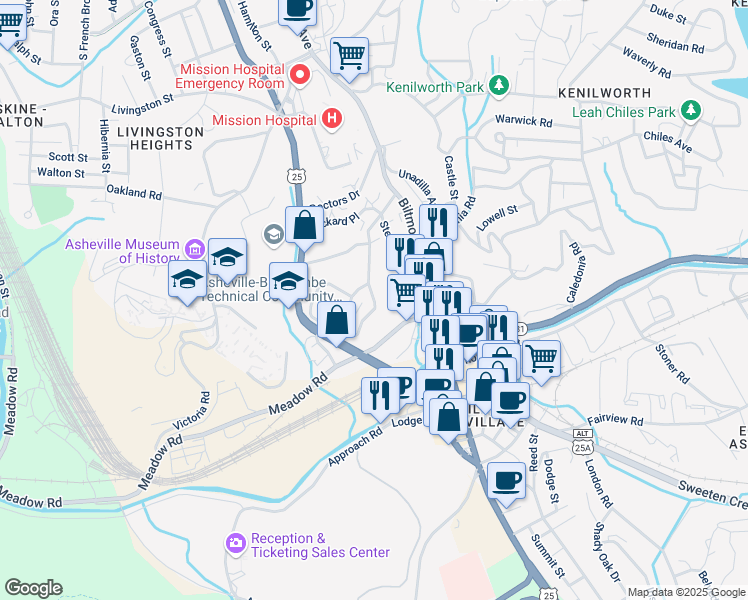 map of restaurants, bars, coffee shops, grocery stores, and more near 59 Saint Dunstans Circle in Asheville