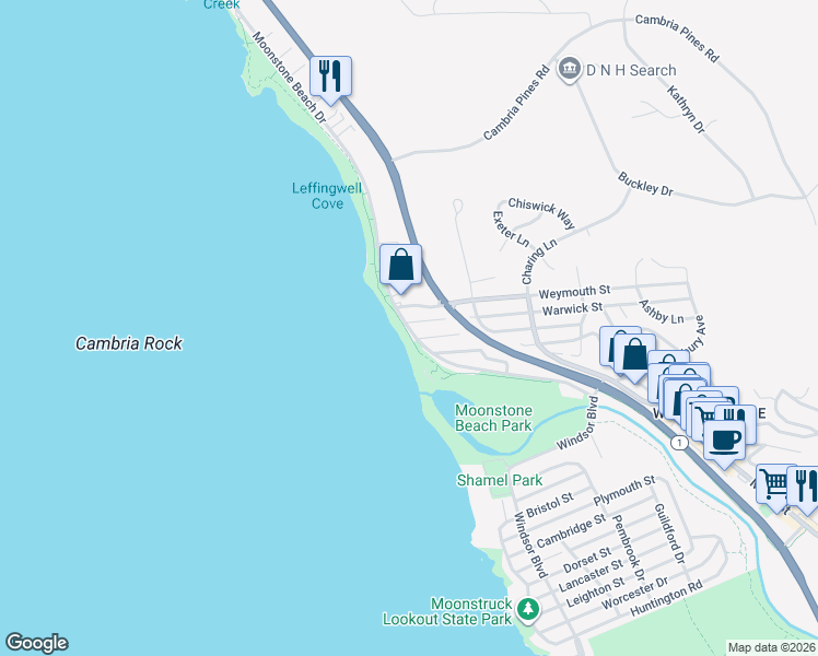 map of restaurants, bars, coffee shops, grocery stores, and more near 5998 Moonstone Beach Drive in Cambria