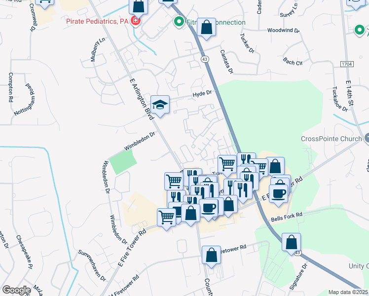 map of restaurants, bars, coffee shops, grocery stores, and more near 1913 Covengton Way in Greenville