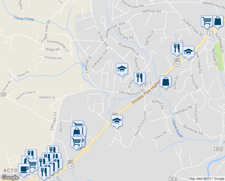 map of restaurants, bars, coffee shops, grocery stores, and more near 1721 Old Haywood Road in Asheville