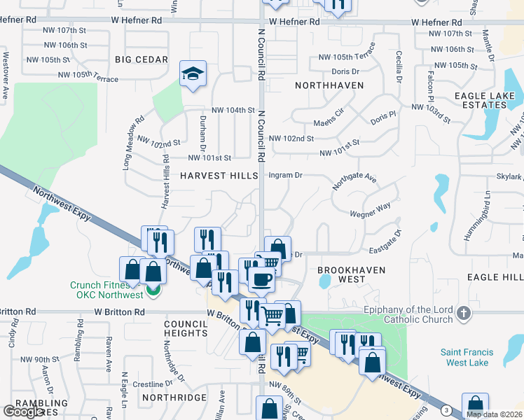 map of restaurants, bars, coffee shops, grocery stores, and more near North Council Road in Oklahoma City