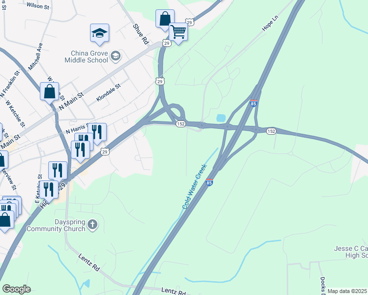 map of restaurants, bars, coffee shops, grocery stores, and more near 170 Ketchie Estates Road in China Grove
