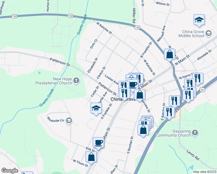 map of restaurants, bars, coffee shops, grocery stores, and more near 402 Patterson Street in China Grove