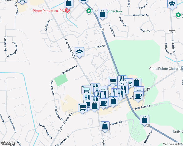 map of restaurants, bars, coffee shops, grocery stores, and more near 1913 Covengton Way in Greenville