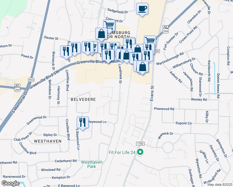 map of restaurants, bars, coffee shops, grocery stores, and more near 3262 Landmark Street in Greenville
