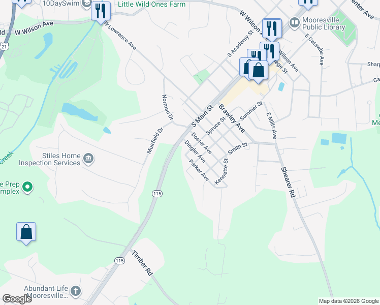 map of restaurants, bars, coffee shops, grocery stores, and more near 208 Dingler Avenue in Mooresville