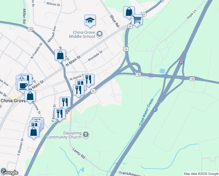 map of restaurants, bars, coffee shops, grocery stores, and more near 810 Grove Street in China Grove