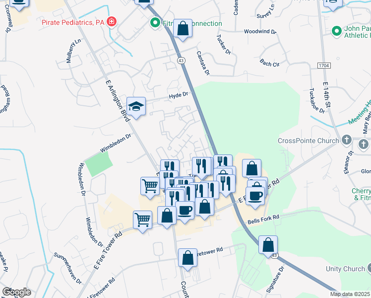 map of restaurants, bars, coffee shops, grocery stores, and more near 1391 Tara Court in Greenville