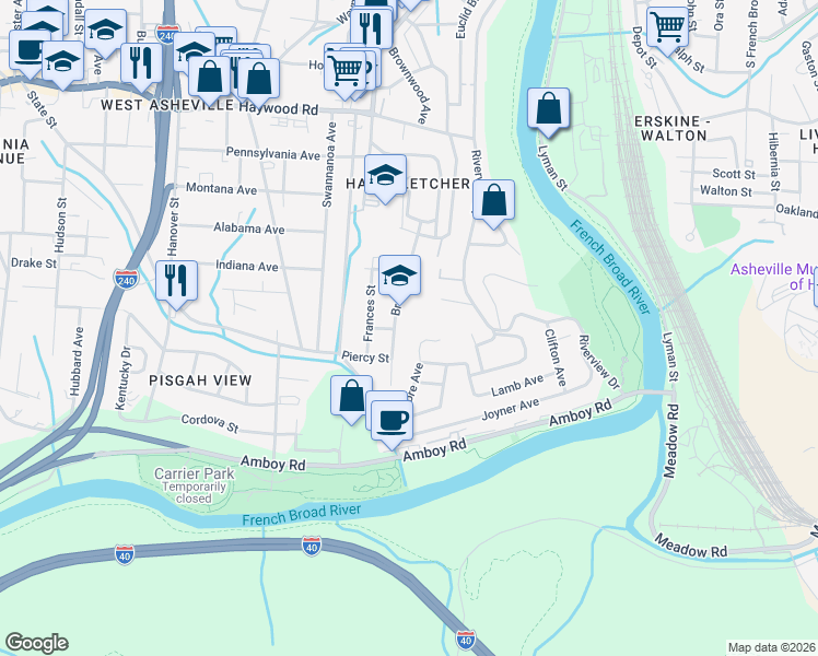 map of restaurants, bars, coffee shops, grocery stores, and more near 96 Bradley Street in Asheville