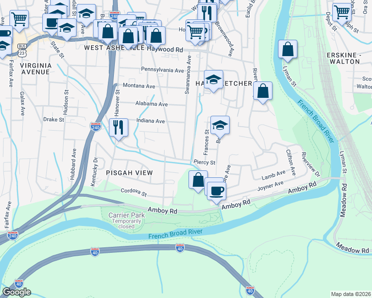 map of restaurants, bars, coffee shops, grocery stores, and more near 198 Swannanoa Avenue in Asheville
