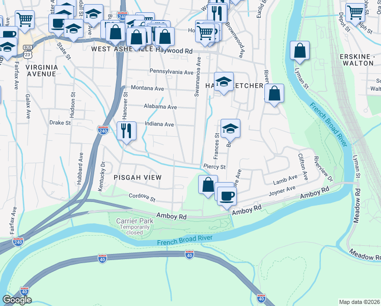 map of restaurants, bars, coffee shops, grocery stores, and more near 198 Swannanoa Avenue in Asheville