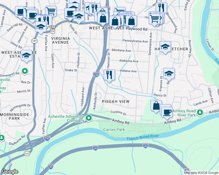 map of restaurants, bars, coffee shops, grocery stores, and more near 202 State Street in Asheville