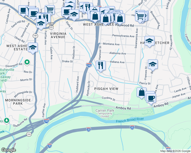 map of restaurants, bars, coffee shops, grocery stores, and more near 82 Stewart Street in Asheville