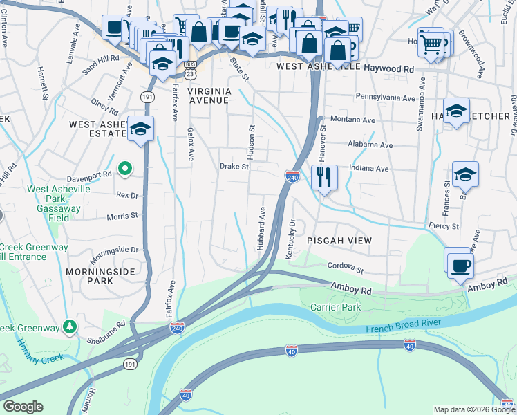 map of restaurants, bars, coffee shops, grocery stores, and more near 172 Hudson Street in Asheville