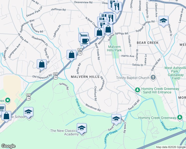 map of restaurants, bars, coffee shops, grocery stores, and more near 125 School Road in Asheville