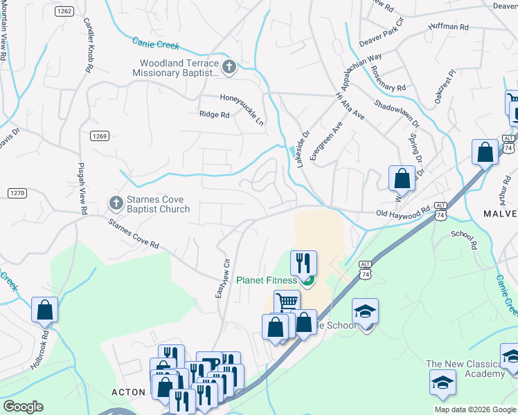 map of restaurants, bars, coffee shops, grocery stores, and more near 204 Torch Light Way in Asheville