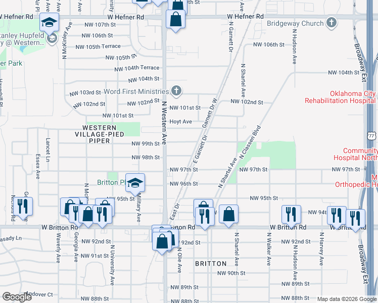 map of restaurants, bars, coffee shops, grocery stores, and more near 1001 Northwest 98th Street in Oklahoma City