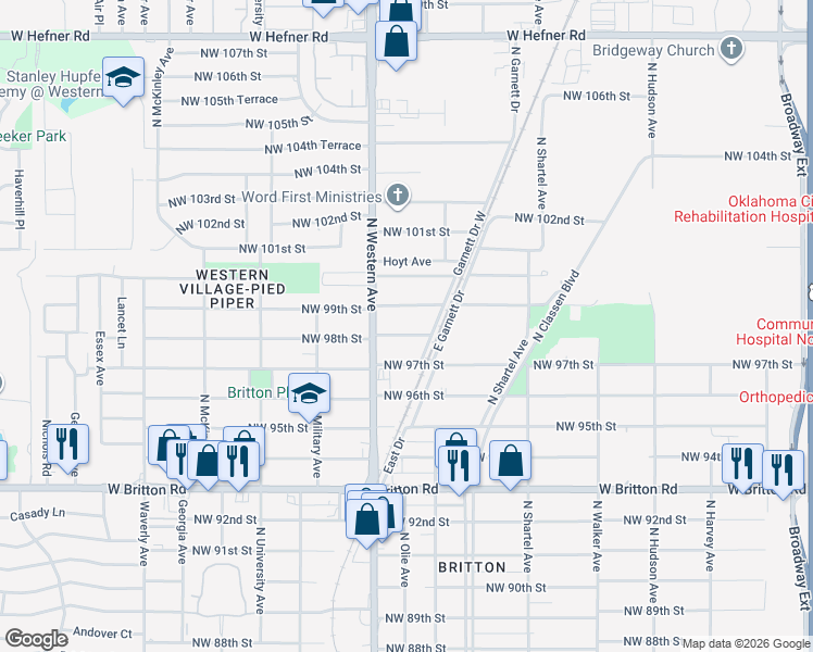 map of restaurants, bars, coffee shops, grocery stores, and more near 1001 Northwest 98th Street in Oklahoma City