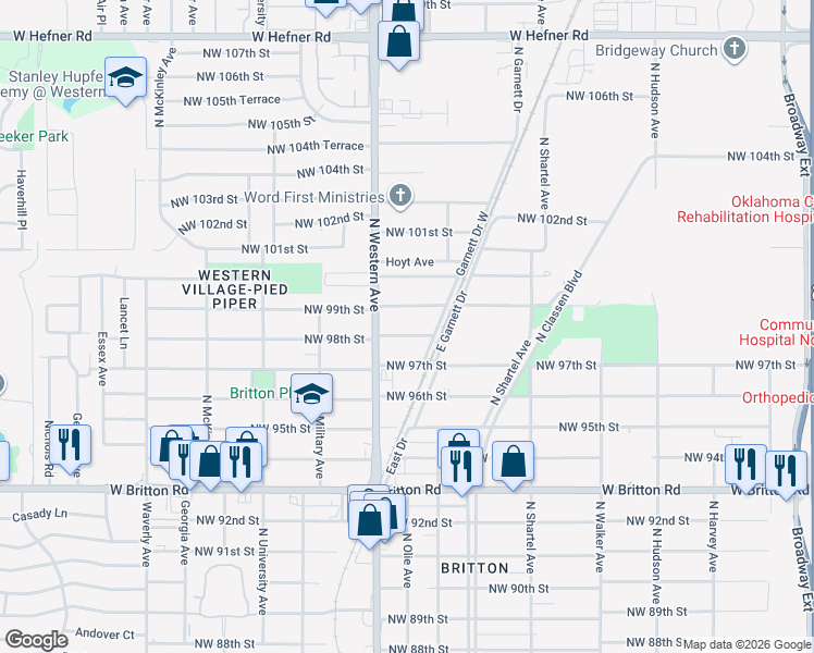 map of restaurants, bars, coffee shops, grocery stores, and more near 1001 Northwest 98th Street in Oklahoma City