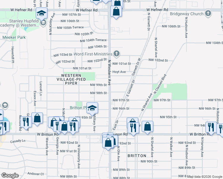 map of restaurants, bars, coffee shops, grocery stores, and more near 9913 North Western Avenue in Oklahoma City