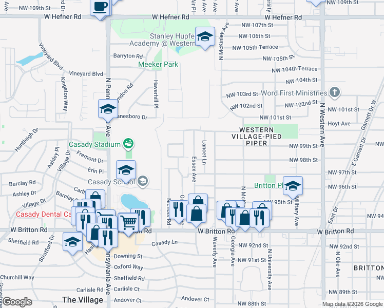 map of restaurants, bars, coffee shops, grocery stores, and more near 9908 Essex Avenue in The Village